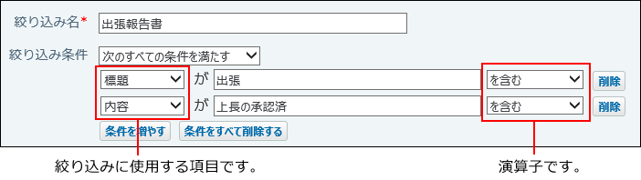 スクリーンショット：絞り込みに使用する項目と演算子の位置を示している