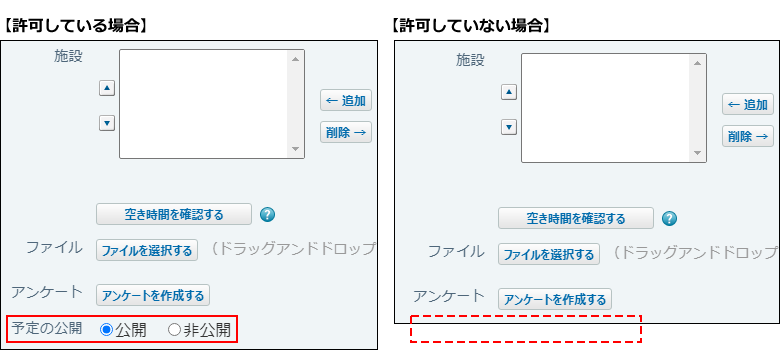 スクリーンショット：非公開予定の登録を許可する場合と許可しない場合の操作イメージ