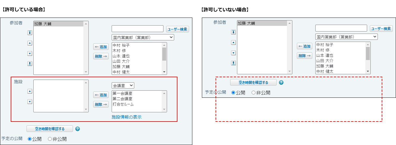 スクリーンショット：繰り返しの施設予約を許可する場合と許可しない場合の操作イメージ