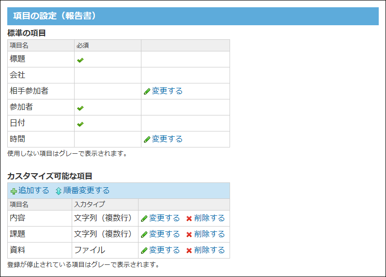 スクリーンショット：報告書の項目の設定画面