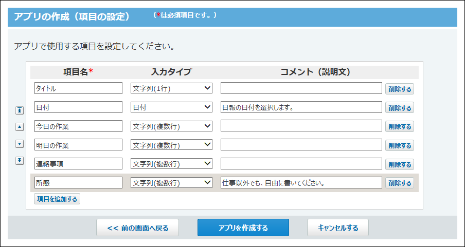 スクリーンショット：項目を設定している