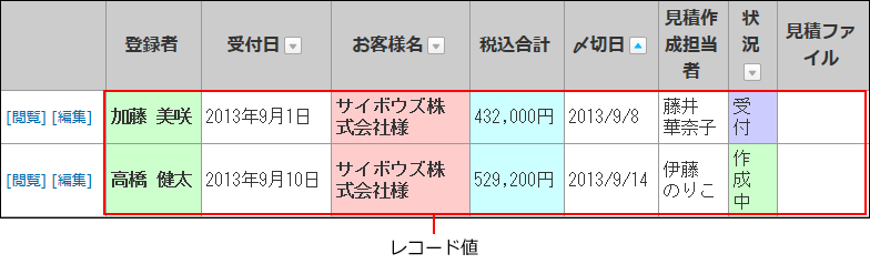 スクリーンショット：レコード名の位置を示している