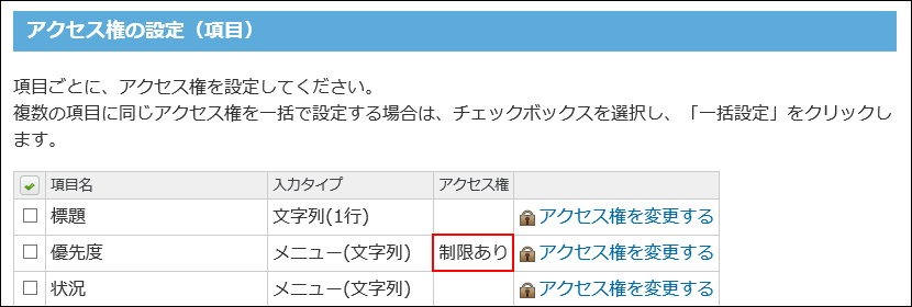 スクリーンショット：優先度項目のアクセス権を確認している