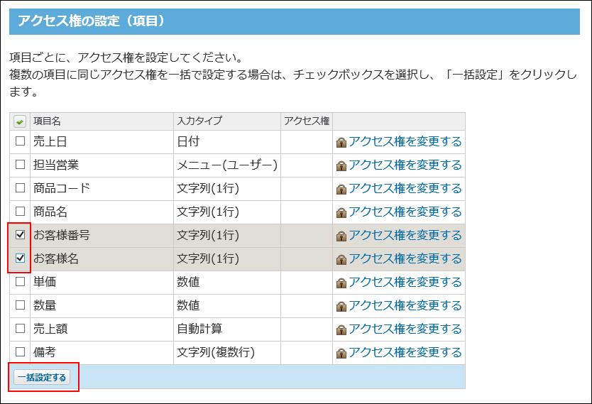 スクリーンショット：アクセス権を設定する項目を選択している