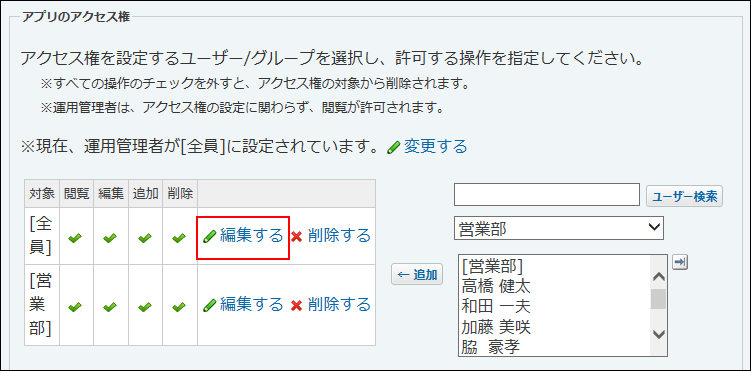 スクリーンショット：全員の編集する操作リンクが枠線で強調されている
