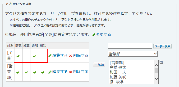 スクリーンショット：全員のアクセス権を確認している
