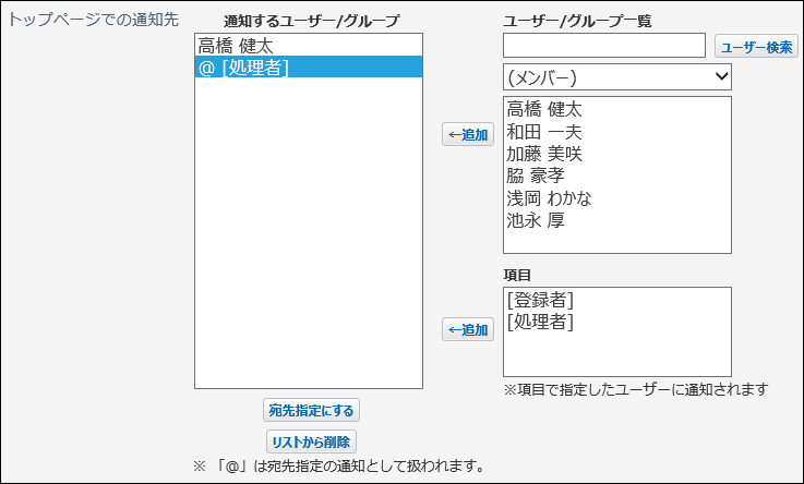 スクリーンショット：トップページの通知先を設定している