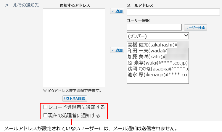 スクリーンショット：通知先項目が表示されている