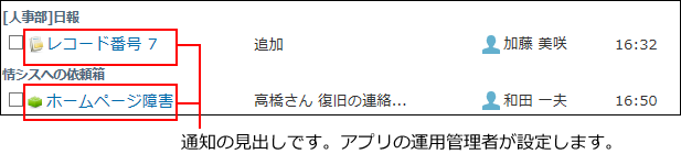 スクリーンショット：トップページでの通知のイメージ