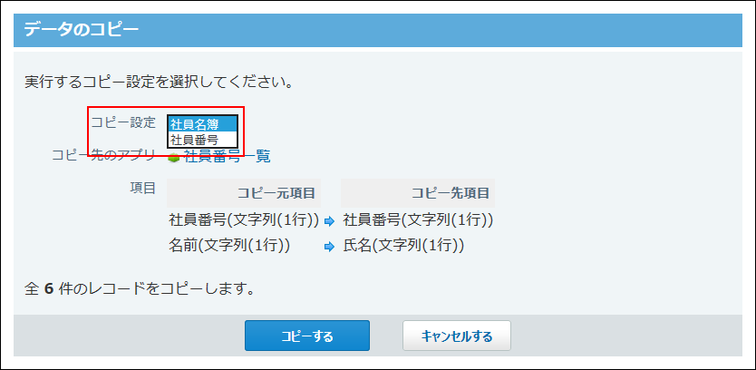 スクリーンショット：データコピーの実行画面のイメージ