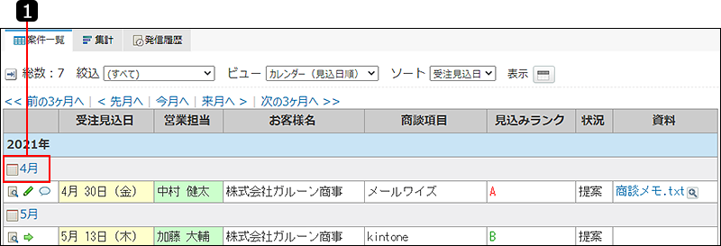 スクリーンショット：カレンダー一覧表示を番号付きで説明している