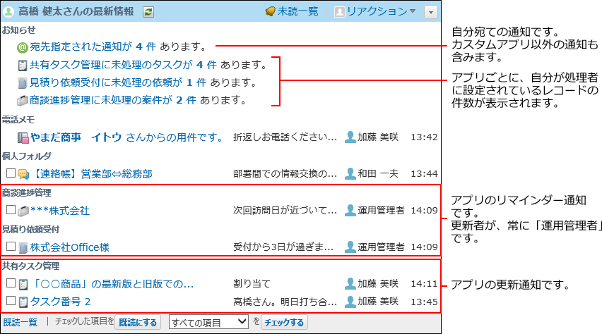 スクリーンショット：最新情報パーツでの通知のイメージ