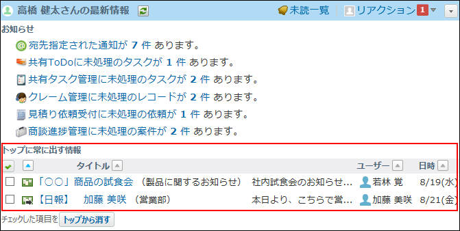 スクリーンショット：掲示板をトップページの最新情報パーツに表示している