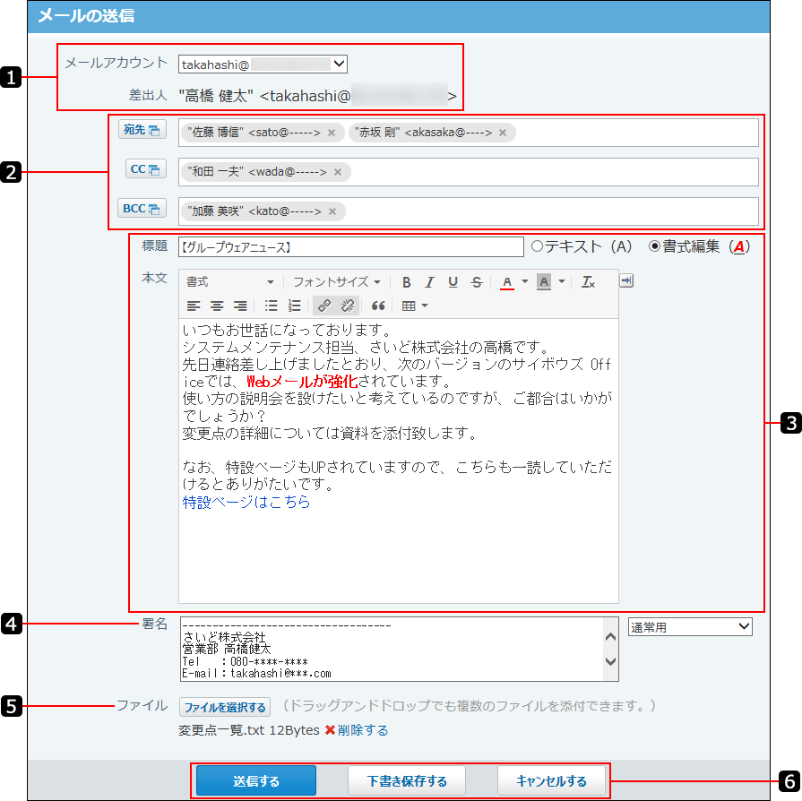スクリーンショット：メールの作成画面を番号付きで説明している