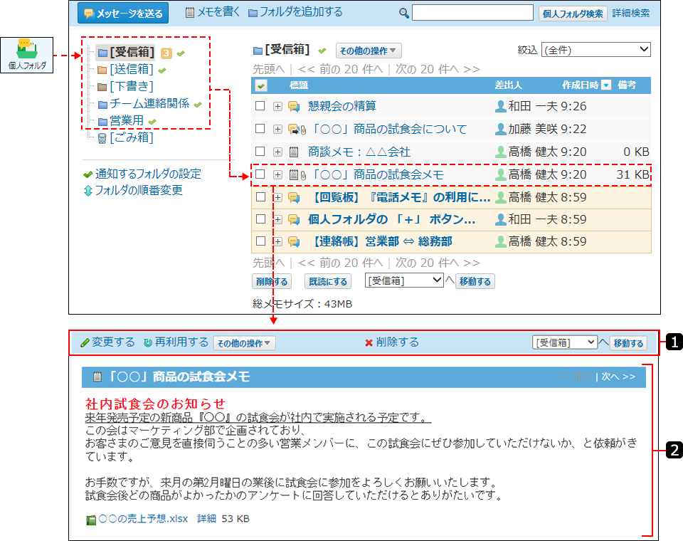 スクリーンショット：メモの画面を番号付きで説明している