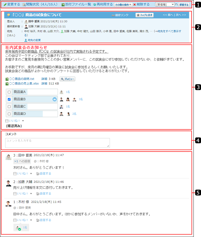 スクリーンショット：メッセージの詳細画面を番号付きで説明している