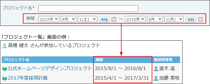 スクリーンショット：プロジェクト名と期間を設定している