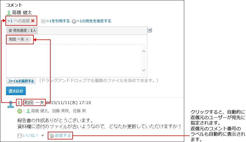 スクリーンショット：返信するリンクをクリックしたときのイメージ