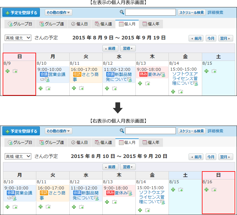 スクリーンショット：日曜日の表示位置のイメージ