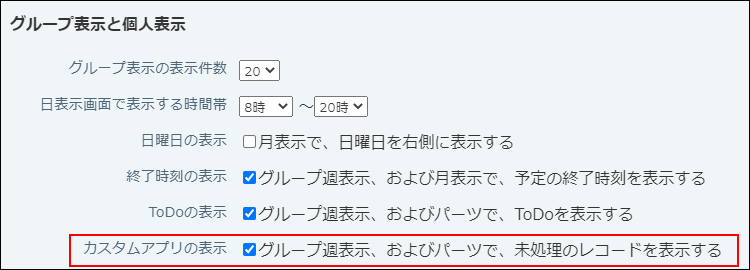 スクリーンショット：カスタムアプリの表示の設定項目が枠線で強調されている