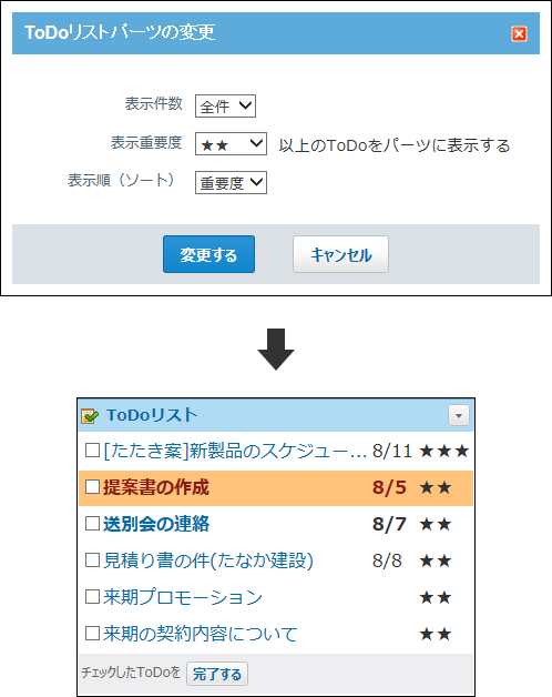 スクリーンショット：パーツの設定を変更して設定した重要度以上のToDoを表示している