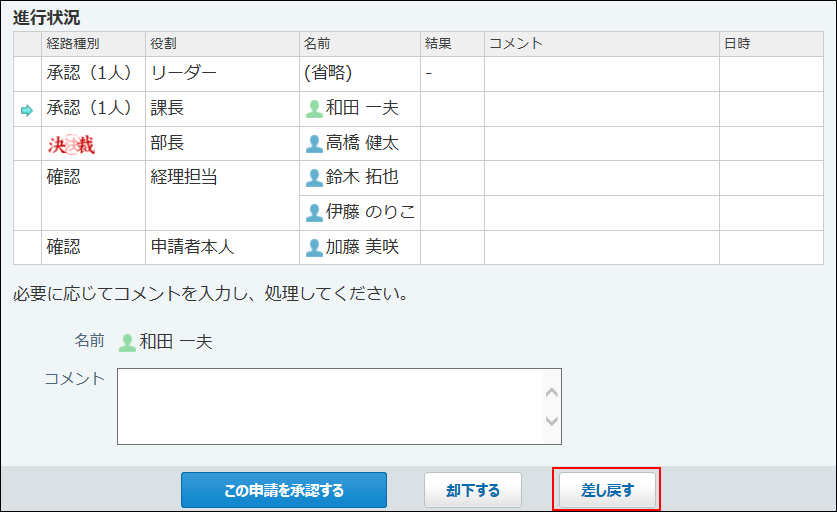 スクリーンショット：申請を差し戻している