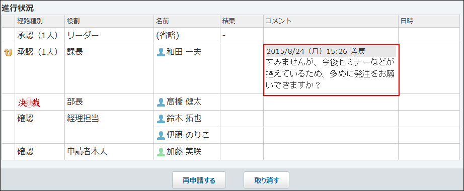 スクリーンショット：差し戻されたコメント欄