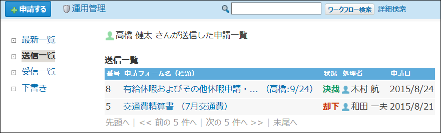 スクリーンショット：送信一覧