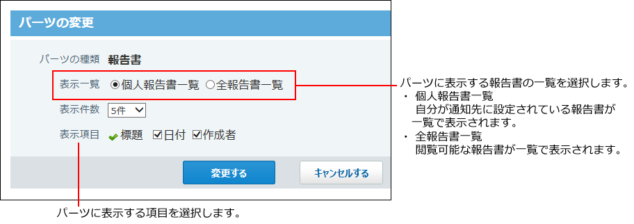 スクリーンショット：報告書パーツの変更画面
