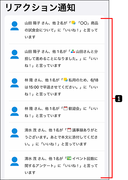 スクリーンショット：リアクション通知画面を番号付きで説明している