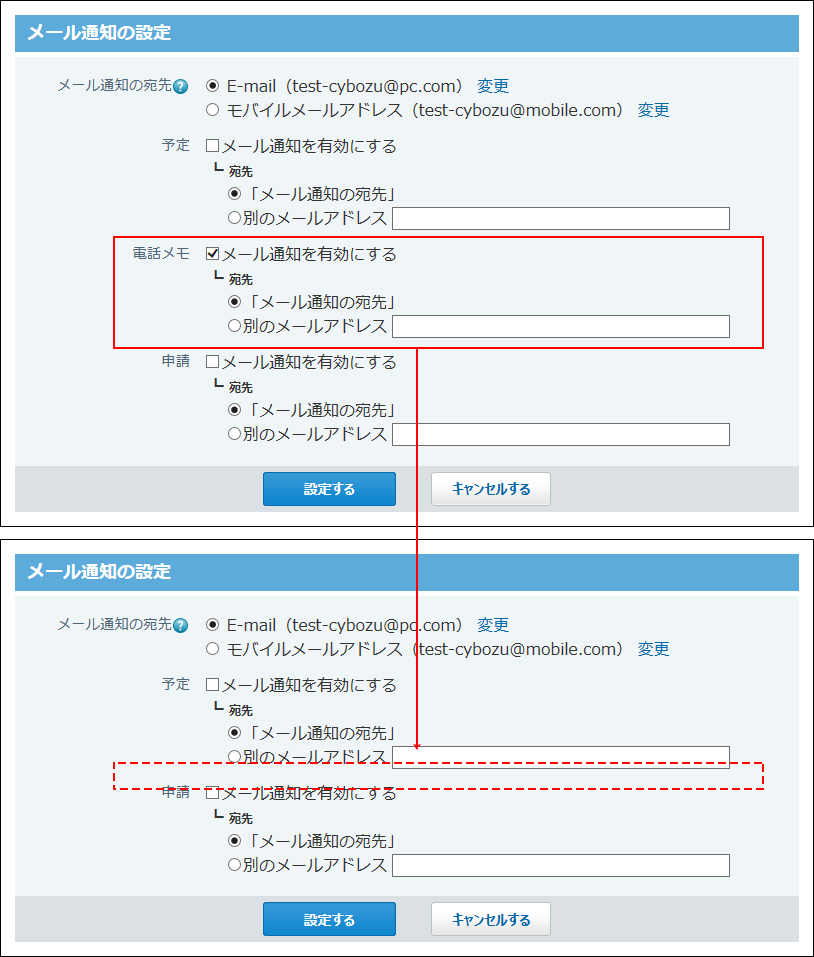 スクリーンショット：電話メモのメール通知の設定項目が非表示になっている