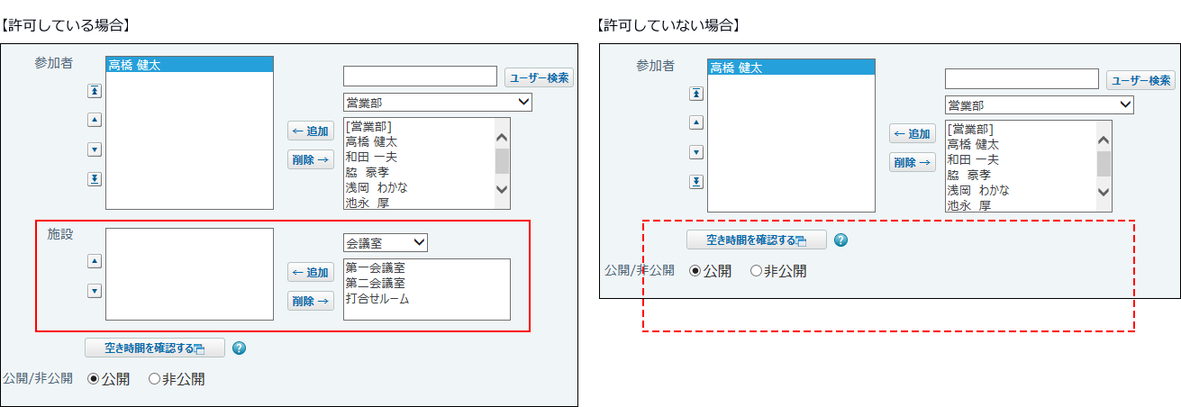 スクリーンショット：繰り返しの施設予約を許可する場合と許可しない場合の操作イメージ