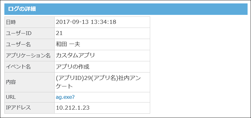 スクリーンショット：ログの詳細画面