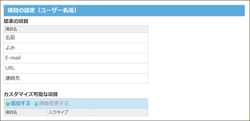 スクリーンショット：ユーザー名簿の項目の設定画面