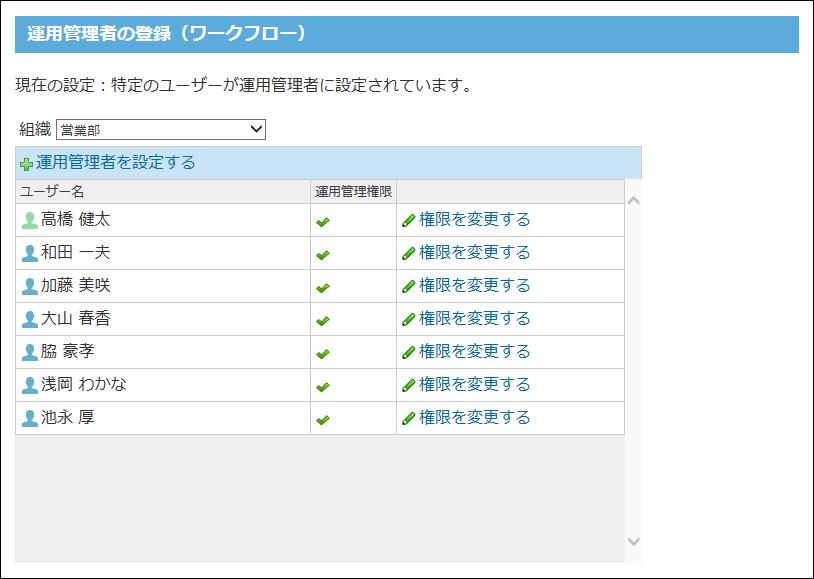 スクリーンショット：ワークフローの運用管理者の登録画面
