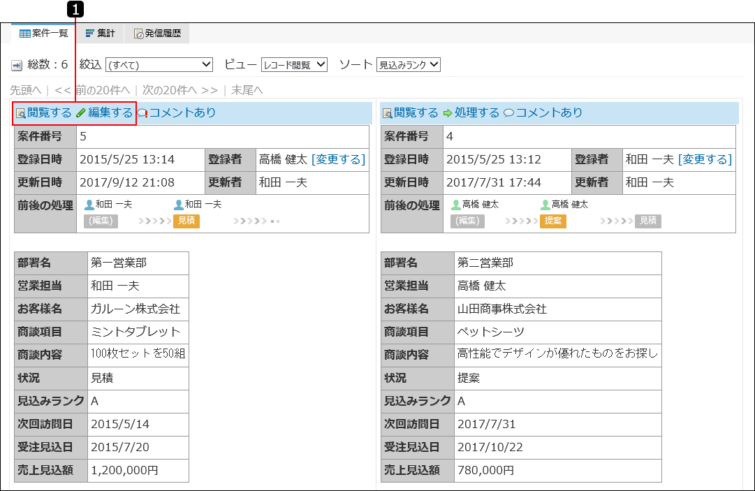 スクリーンショット：レコード閲覧形式を番号付きで説明している