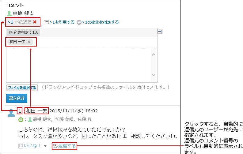 スクリーンショット：返信するリンクをクリックしたときのイメージ