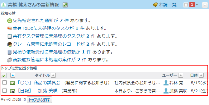スクリーンショット：掲示板をトップページの最新情報パーツに表示している