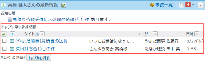 スクリーンショット：メールが最新情報パーツに表示されている