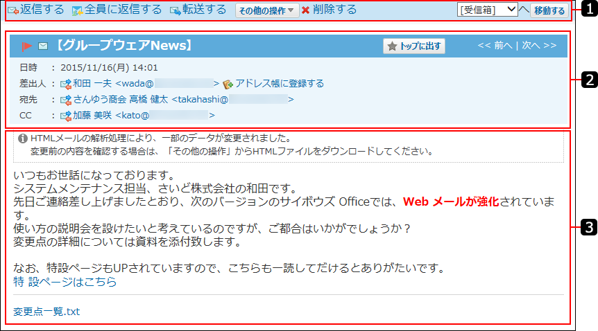 スクリーンショット：受信メールの詳細画面を番号付きで説明している