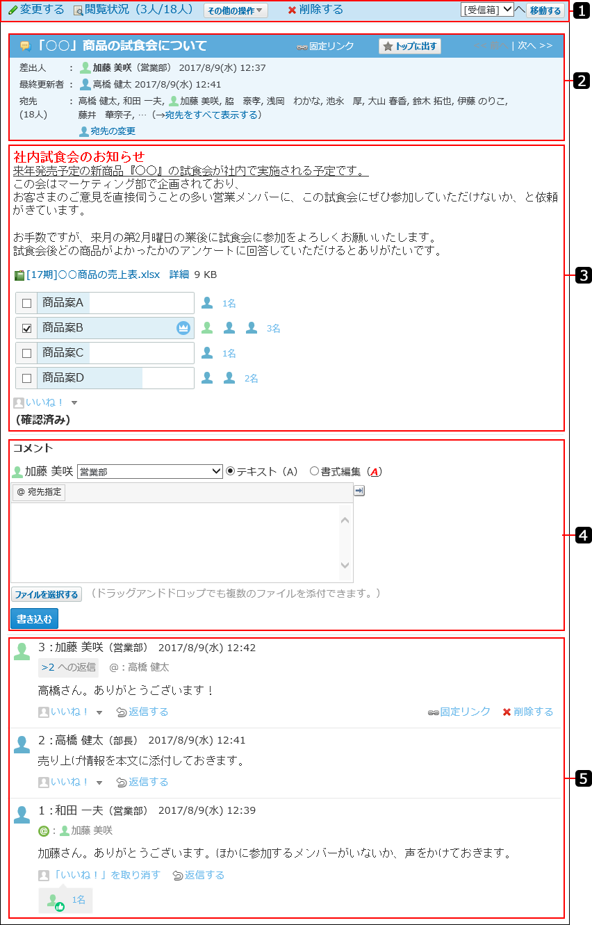 スクリーンショット：メッセージの詳細画面を番号付きで説明している