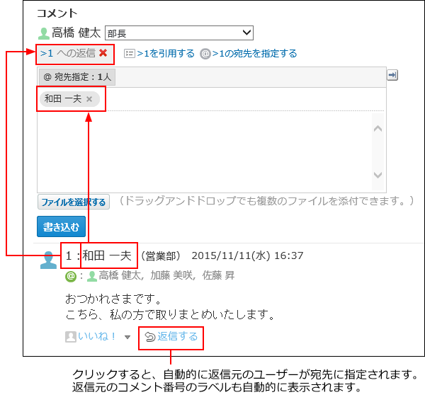 スクリーンショット：返信するリンクをクリックしたときのイメージ
