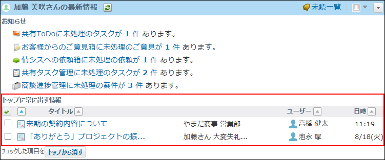 スクリーンショット：報告書をトップページの最新情報パーツに表示している