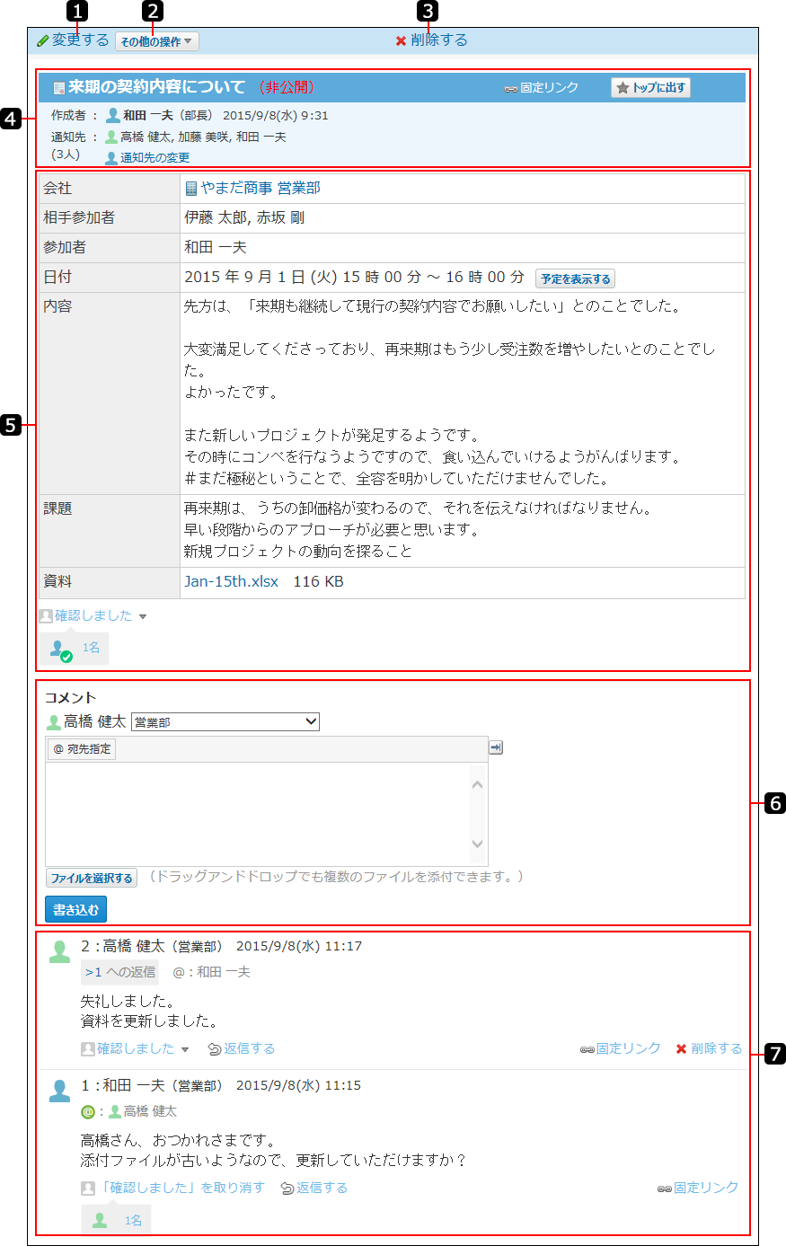 スクリーンショット：報告書の詳細画面を番号付きで説明している