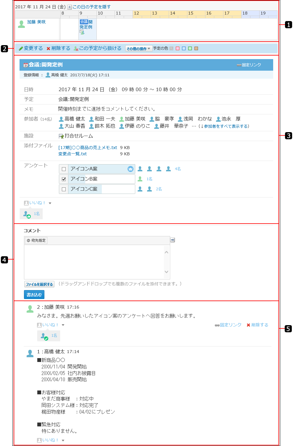 スクリーンショット：予定の詳細画面を番号付きで説明している