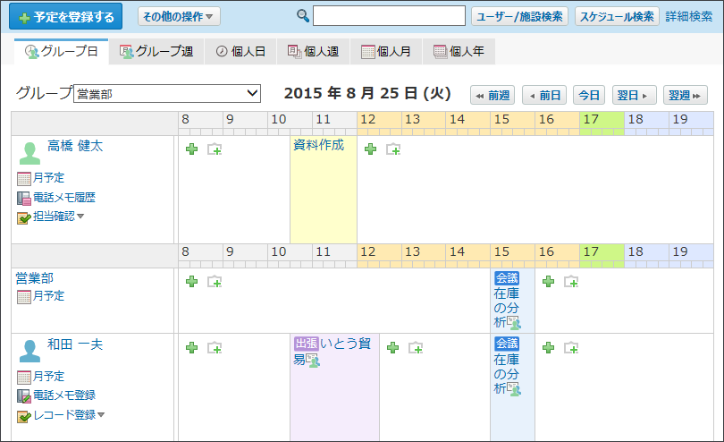 スクリーンショット：グループ日表示画面のイメージ