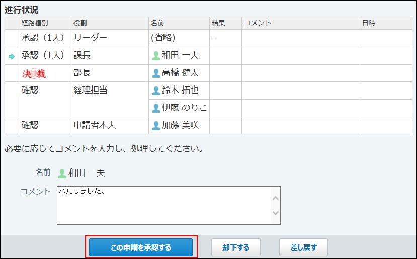 スクリーンショット：申請を承認している