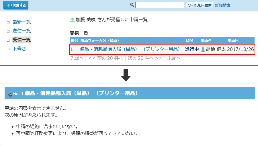 スクリーンショット：受信一覧から申請内容が確認できないことを示している