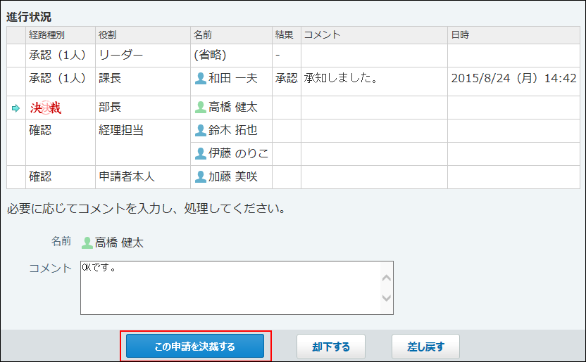 スクリーンショット：申請を決裁している