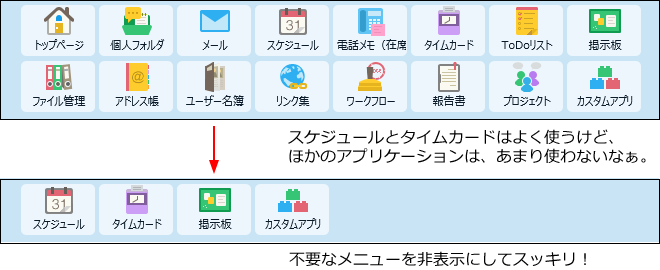 スクリーンショット：不要なメニューをすっきりさせたイメージ
